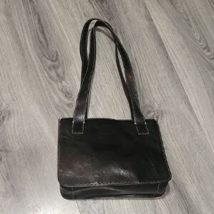 EUC VTG Fossil Black Leather Dbl Strap 3 Section Shoulder Bag